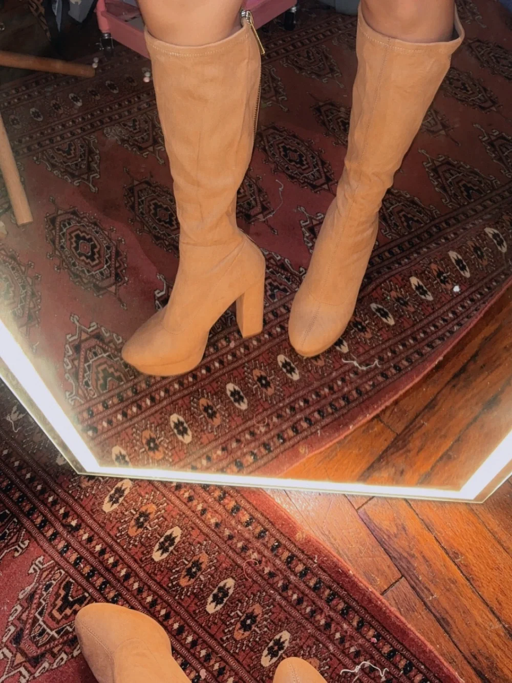 Suede Tan Over-the-Knee Platform Zip-up Block Heel Boots